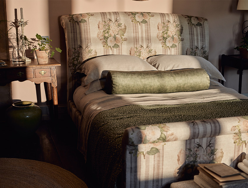 Bolster in Almost Plain Velvet Spring Arles King Bed in RHS Etta's Bouquet Alba Truffle